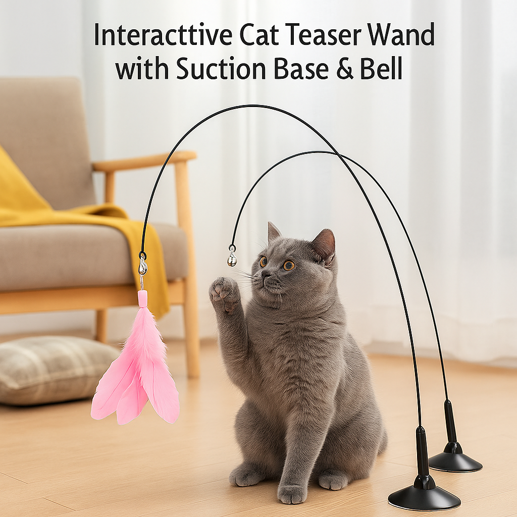 Interactive Cat Teaser Wand with Suction Base & Bell